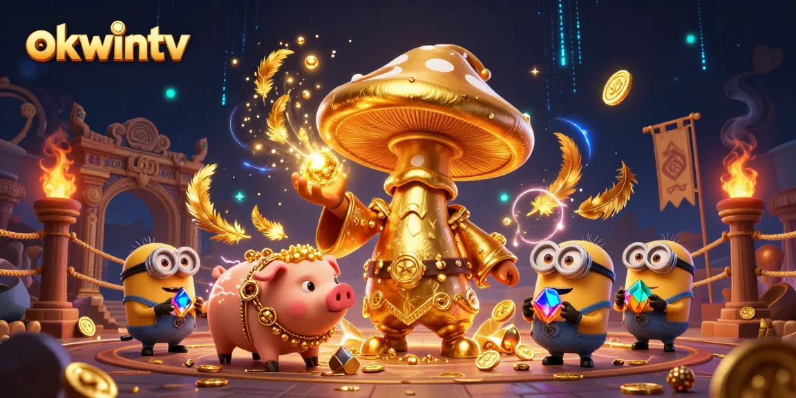 Engage in thrilling gaming adventures with okwintv's wizard and treasure-hunting pig in a vibrant casino scene!