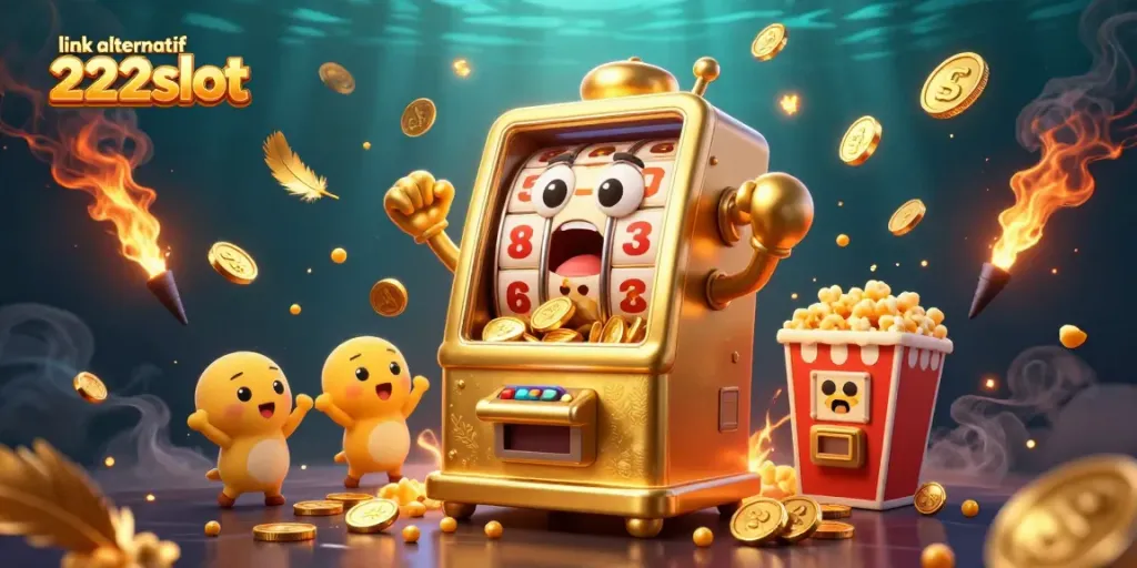 Raih kemenangan dalam permainan slot dengan link alternatif 222slot yang menakjubkan, tampak mesin slot emas bergerak dan bersorak.