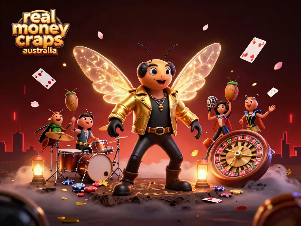 Experience real money craps Australia with a dynamic illustration of a rock star cicada and casino elements.