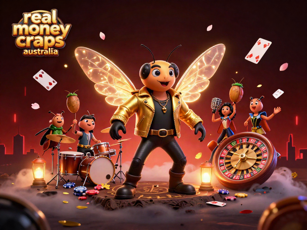 Experience real money craps Australia with a dynamic illustration of a rock star cicada and casino elements.