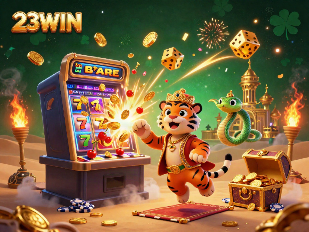 Experience exciting wins with 23WIN's vibrant 3D casino scene bursting with fun symbols and action.