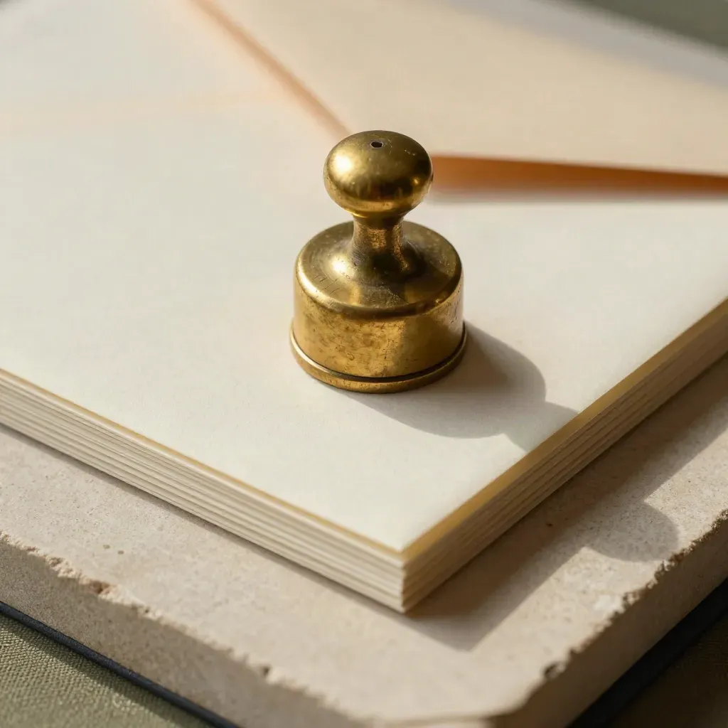 Brass ledger weight on blank archival cards beside a sealed envelope.