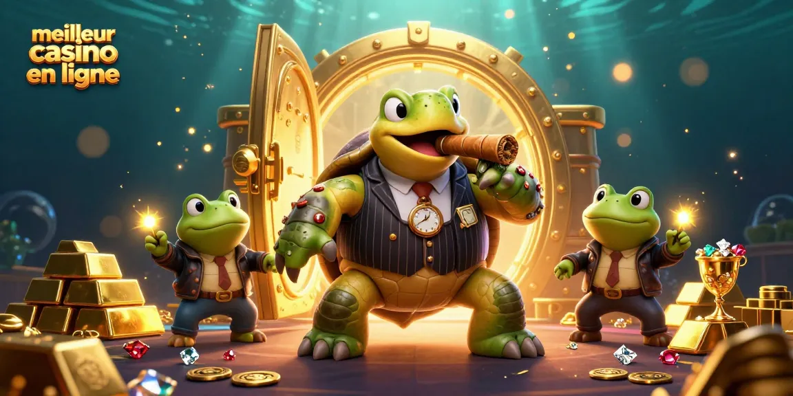 Illustration 3D de tortue massive en costume de gangster illuminée par des lucioles au meilleur casino en ligne.