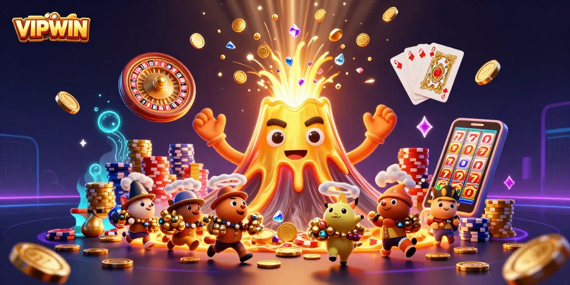 Engage in thrilling gameplay at VIPWIN with a dynamic scene showcasing a golden volcano erupting coins and treasures.