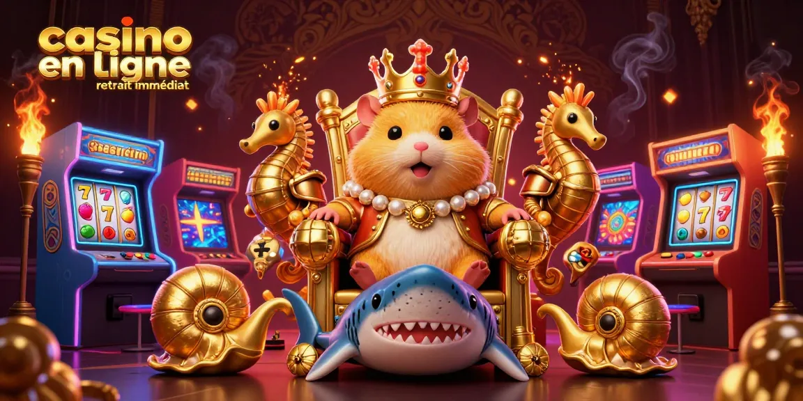 Profitez du spectacle d'un hamster roi sur son trône de dents de mégalodon dans un casino en ligne retrait immédiat décoré.