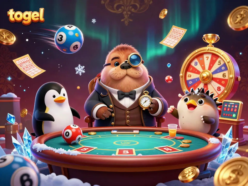 Bermain togel dengan karakter lucu di meja dengan hiasan lotere dan trofi