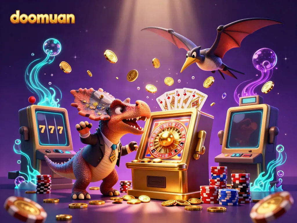Doomuan's pachycephalosaurus celebrates jackpot wins at a colorful casino scene, surrounded by coins and roulette elements.