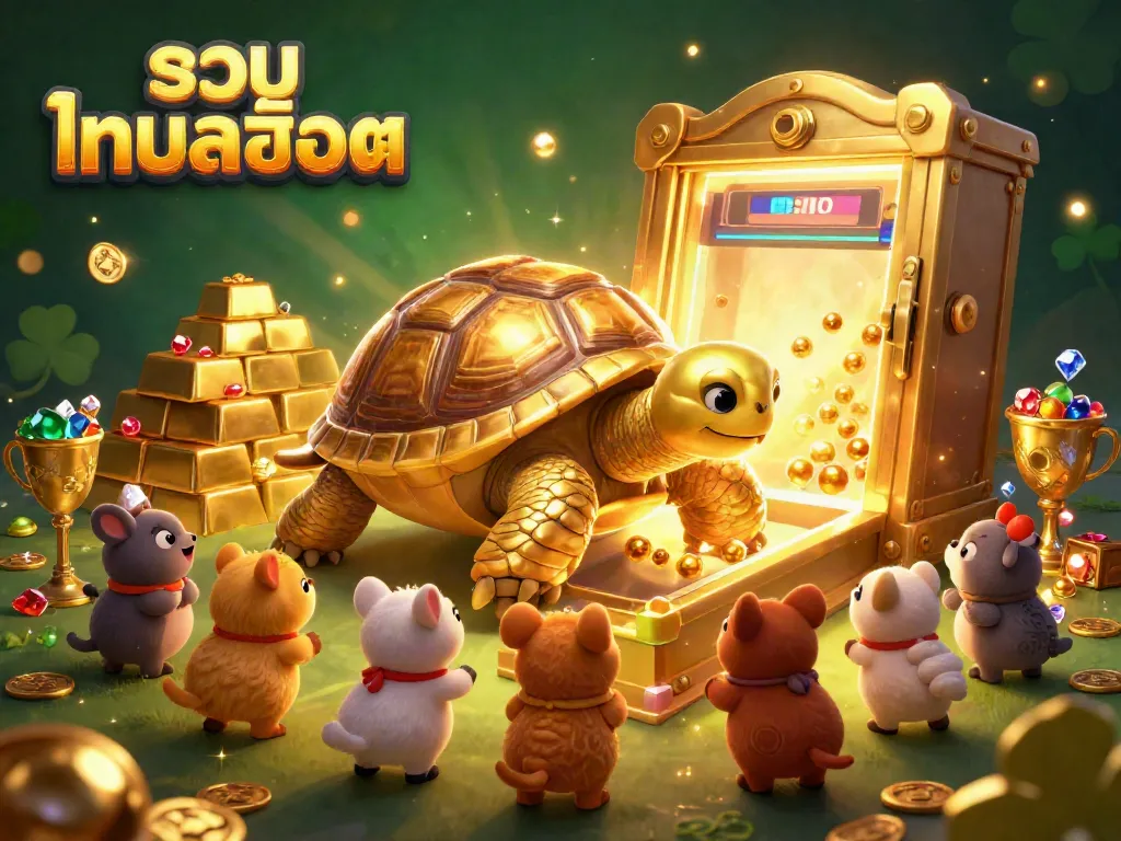 Play exciting รวมเกมสล็อต with a fun 3D tortoise pinball machine, vibrant treasure effects, and playful animal characters.