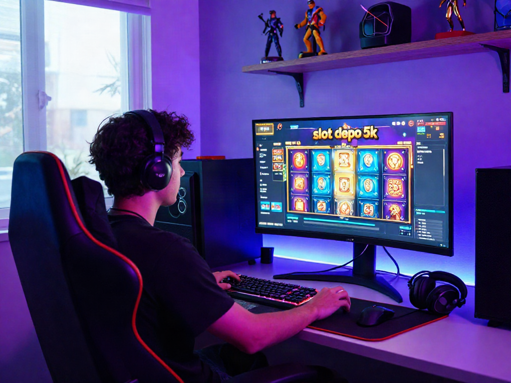 Engaged gamer exploring slot depo 5k online game in a vibrant gaming room.