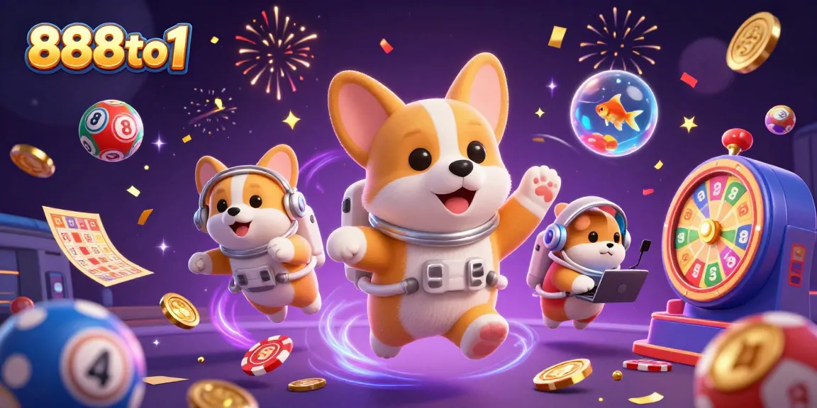 Experience exciting wins at 888to1 as astronaut corgi floats in a vibrant casino.