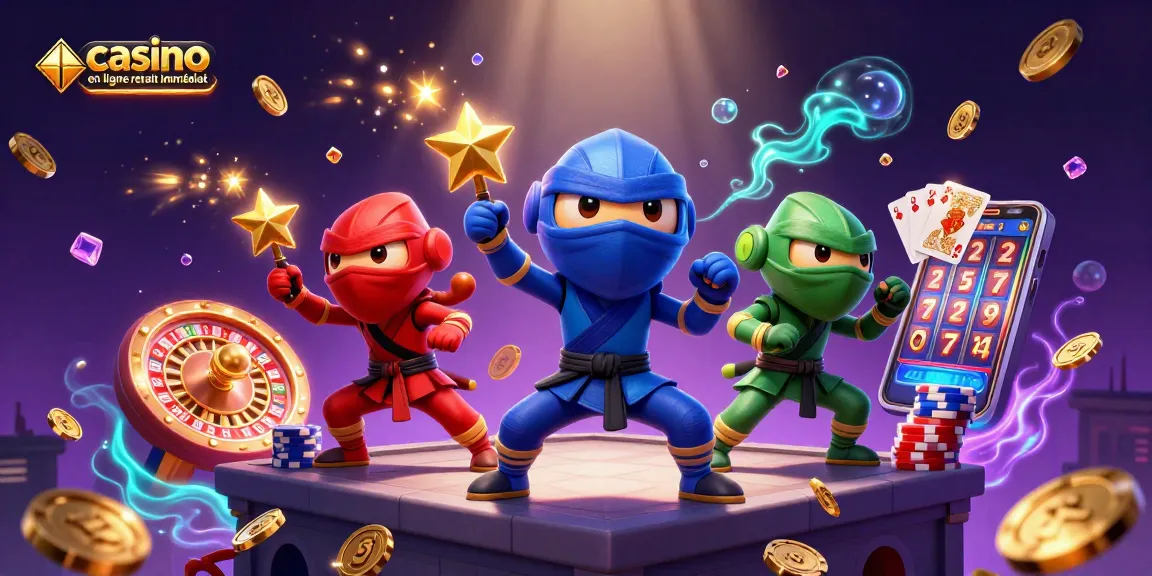 Améliorez vos gains avec le casino en ligne retrait immédiat, illustré par des ninjas prospères et des gains dorés.