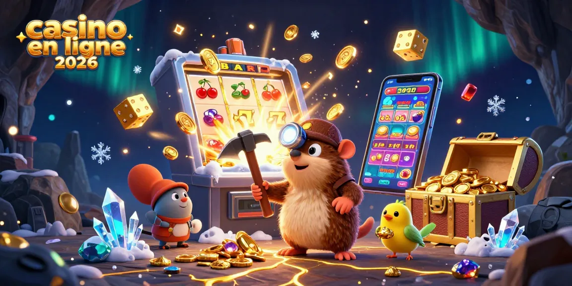Illustration vibrante représentant casino en ligne 2026 avec un personnage fouillant des trésors et un jackpot de machines à sous.