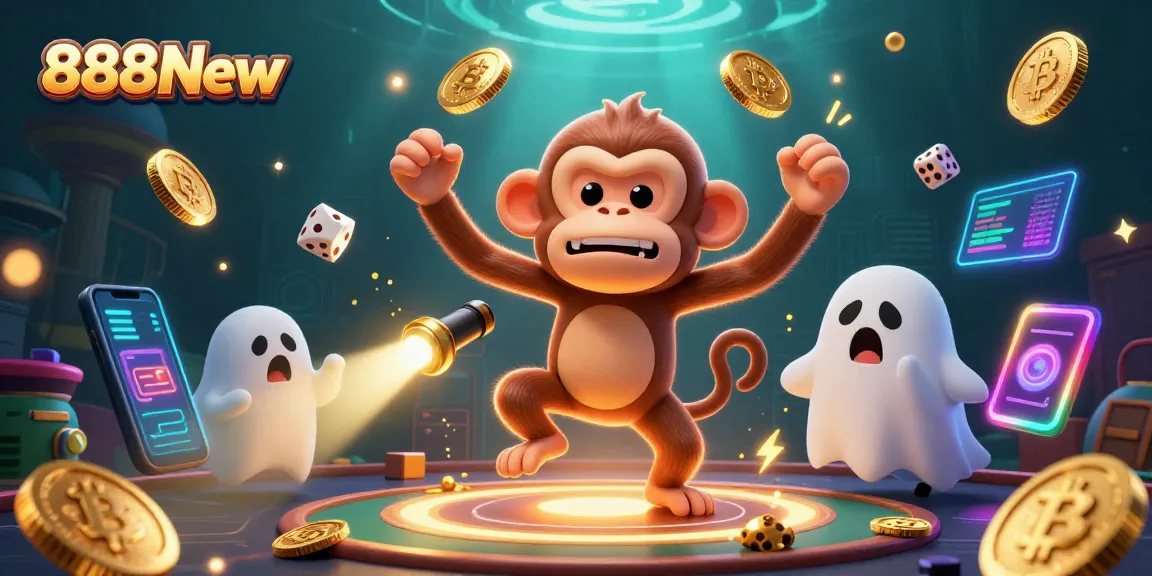 Engage with 888New's gaming excitement amid golden juggles of a playful poltergeist monkey and a curious pup.