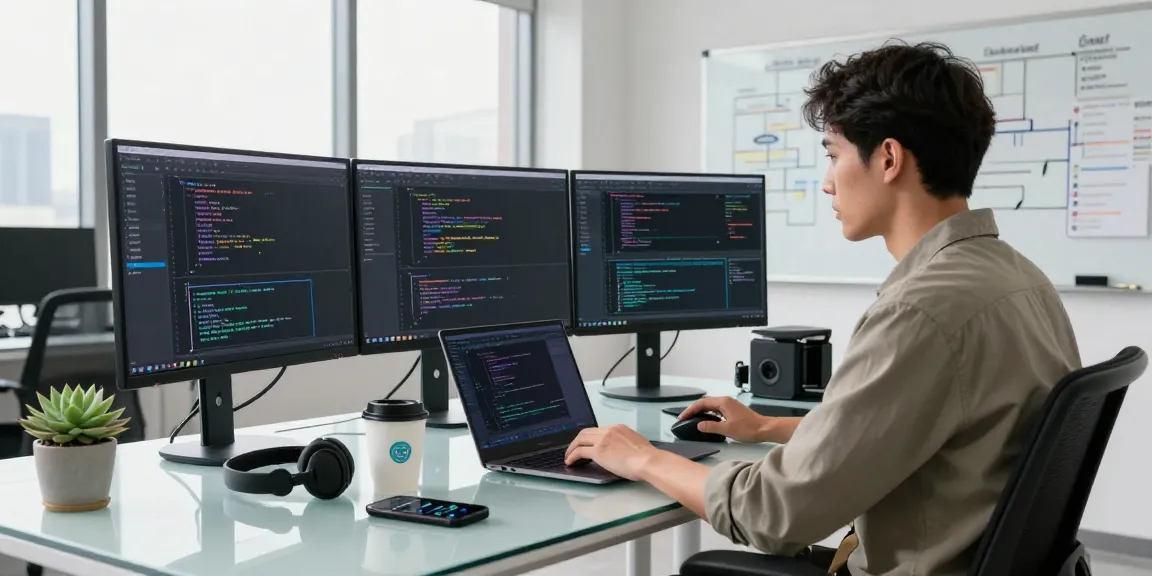 Custom Software Development Services in a modern office setting with a developer focused on coding and tech gadgets.