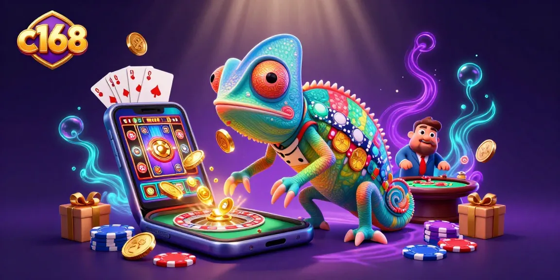 Engage in thrilling casino action with c168, featuring a colorful chameleon owner capturing golden coins.