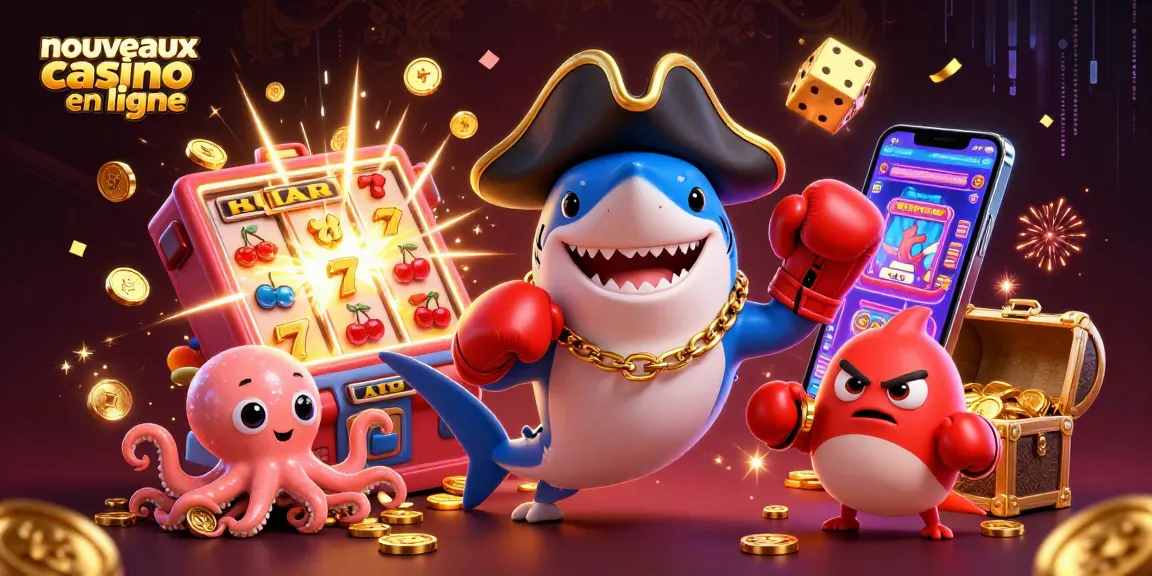 Explorez les nouveaux casinos en ligne avec des machines à sous et des jetons d'or dans une illustration dynamique.
