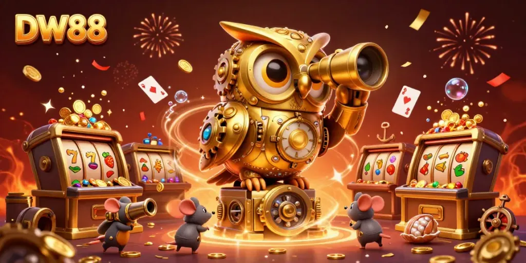Experience thrilling gaming at DW88 with golden owl, treasure chests, and dynamic casino elements.
