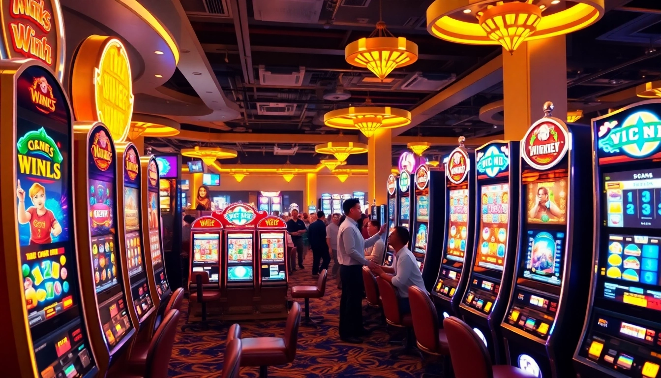 Engaging scene of slot gambling with vibrant machines and excited players.