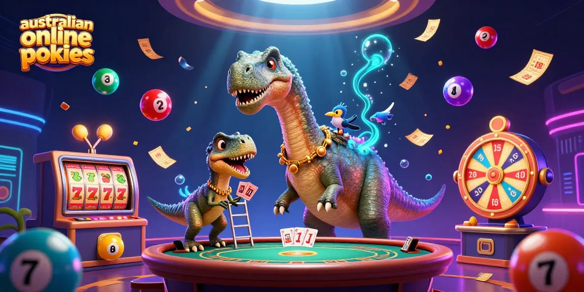 Experience thrilling australian online pokies in a fun cartoon casino scene with vibrant game elements.