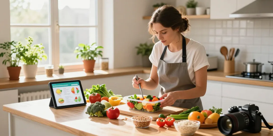 The best nutrition app supports healthy meal prep and tracking in a bright kitchen.