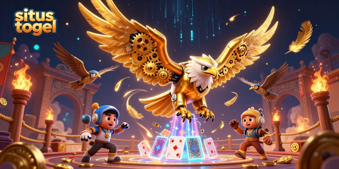 Experience situs togel excitement with a cybernetic eagle soaring through a vibrant casino scene.
