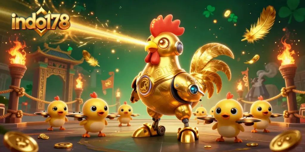 Experience the excitement of indo178’s golden rooster robot in an epic casino battle, surrounded by swirling golden motifs and jackpots.