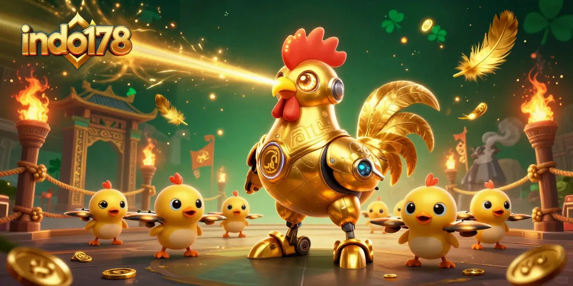 Experience the excitement of indo178’s golden rooster robot in an epic casino battle, surrounded by swirling golden motifs and jackpots.
