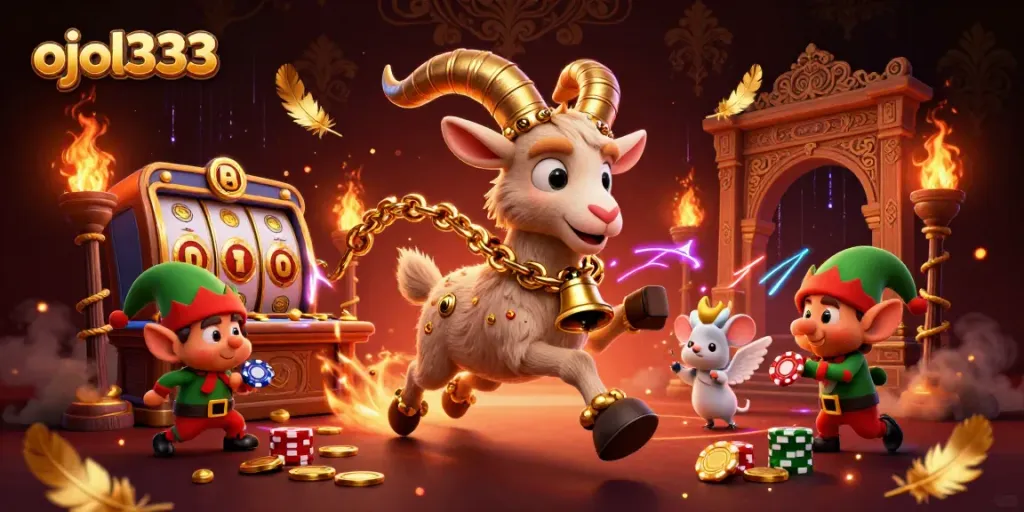 Experience ojol333's vibrant gaming scene featuring Krampus and playful characters amid rich casino elements.