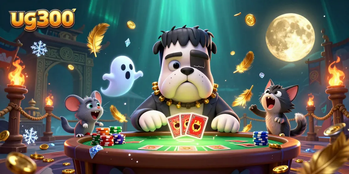 Permainan kartu seru di meja kasino dengan ug300, anjing Frankenstein dan kucing werewolf hadir.