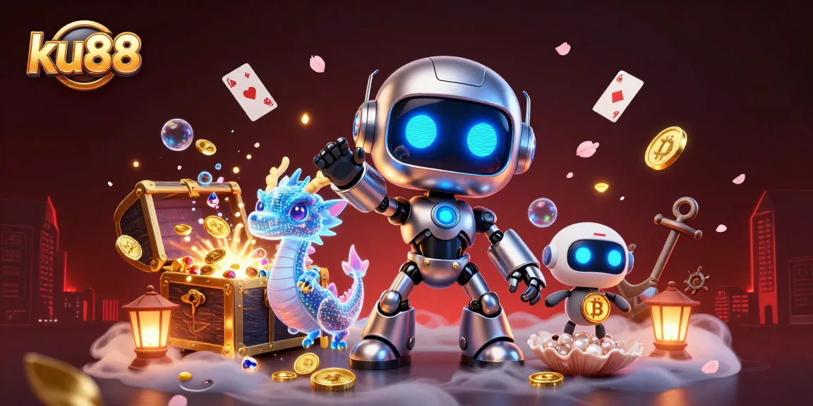 ku88 offers engaging interactive gameplay featuring a futuristic robot, dragon, and drone amidst casino treasures.