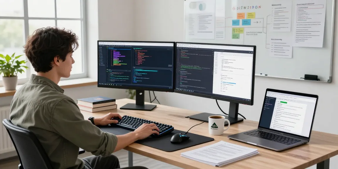 Software developer at a modern workspace focusing on NAGA2000 technology solutions, surrounded by coding tools and teamwork elements.
