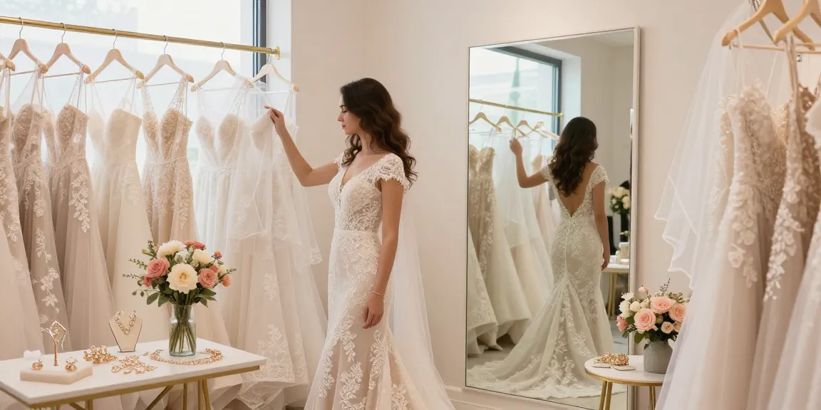 Consulenza di Bridal styling in boutique con abiti nuziali e accessori eleganti.