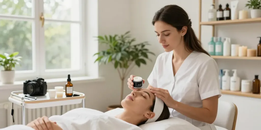 لایه‌ای از اسید استئاریک در فرایند مراقبت از پوست در یک سالن زیبایی مدرن