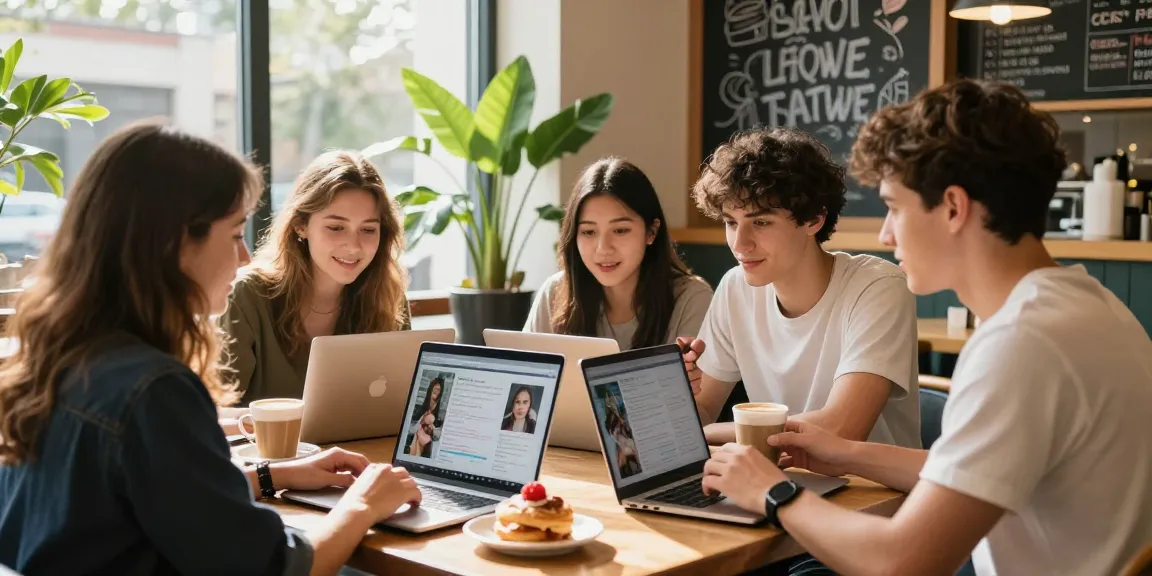 Group discussing their attractive test results in a trendy cafe with laptops and coffee.