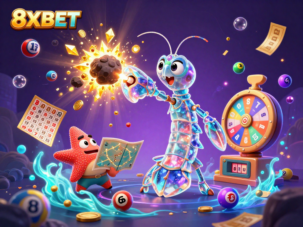 Join 8XBET's thrilling adventure with vibrant casino elements and characters in an exciting scene.