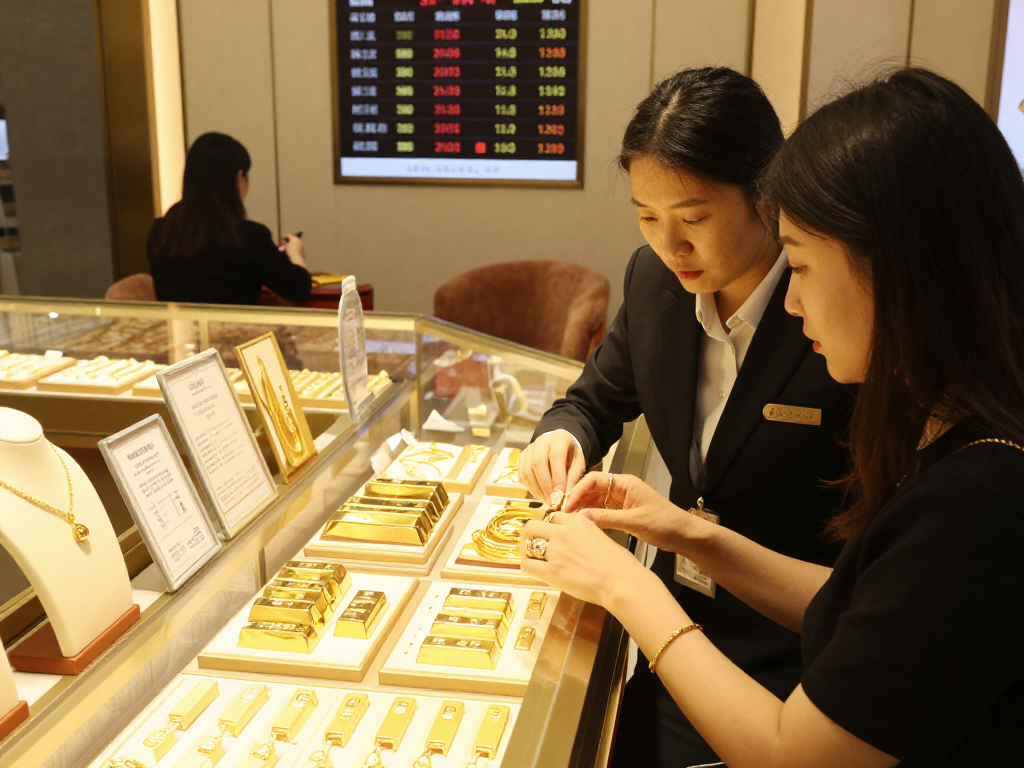 mantra 88 jewelry showcase in luxurious gold market with current prices displayed