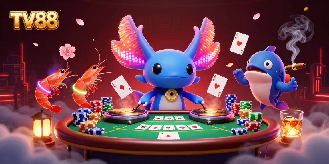 Engage with TV88's vibrant casino scene featuring a neon axolotl DJ, shrimp dancers, and dynamic poker elements.