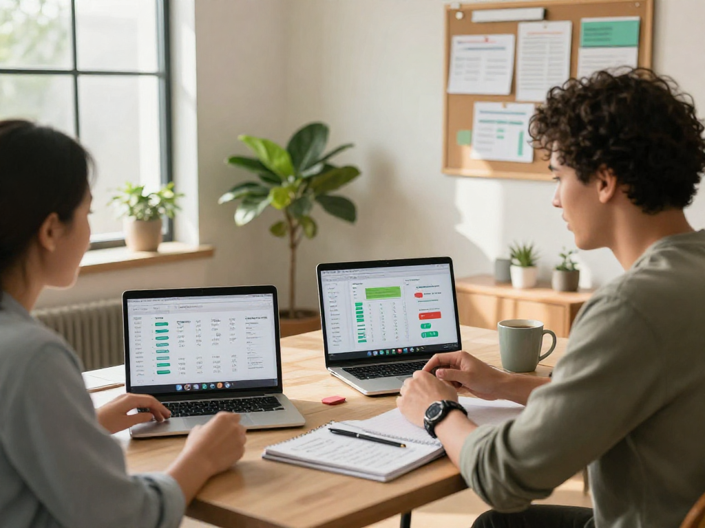 Collaborative marketing consultation by a home service marketing agency with analytics dashboards and strategy notes in a stylish office.