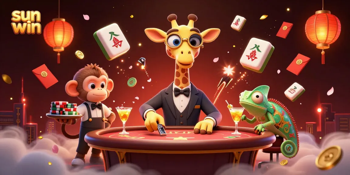 Experience the fun of sun win with a vibrant cartoon casino scene featuring a giraffe, monkey, and chameleon.