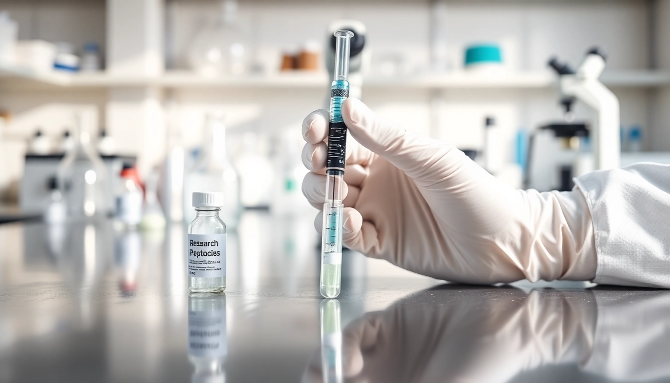 Buy research peptides with a professional display of lab vials and equipment under bright lighting.