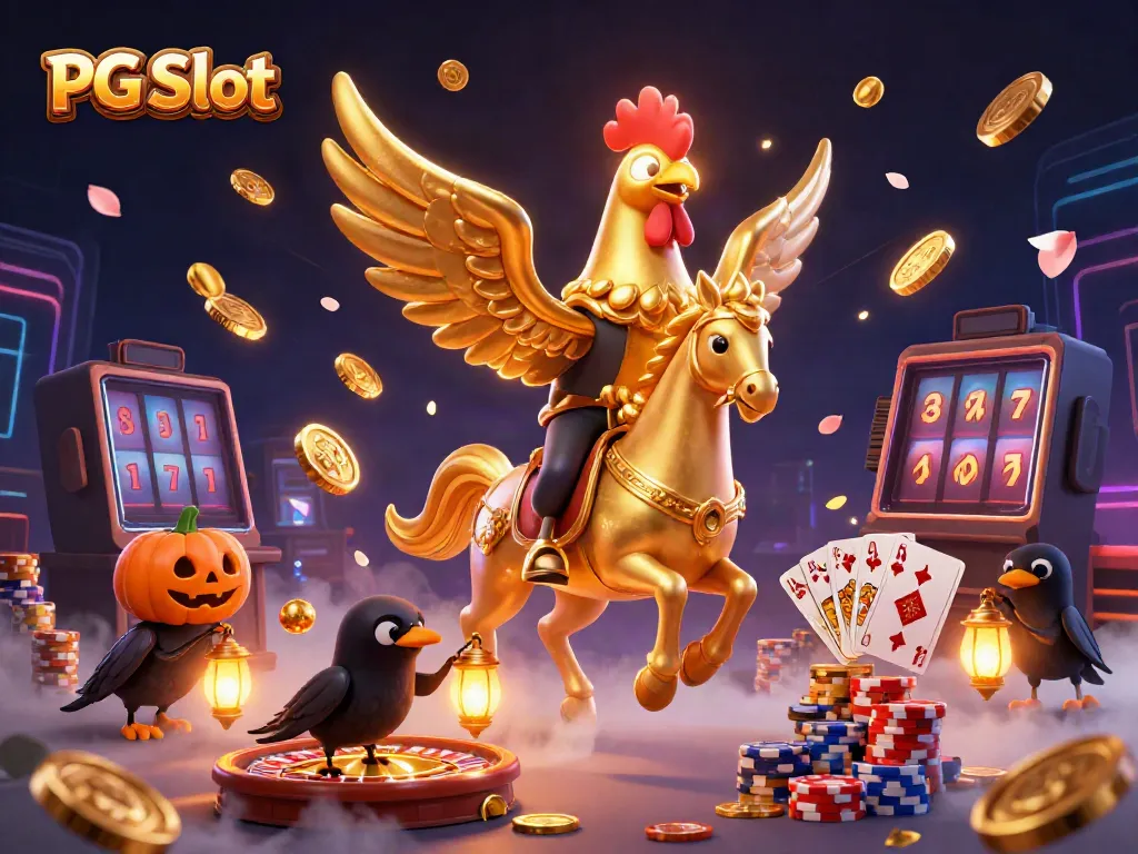 Engage with PG Slot excitement as golden rooster rides through a vibrant casino scene filled with coins and games.