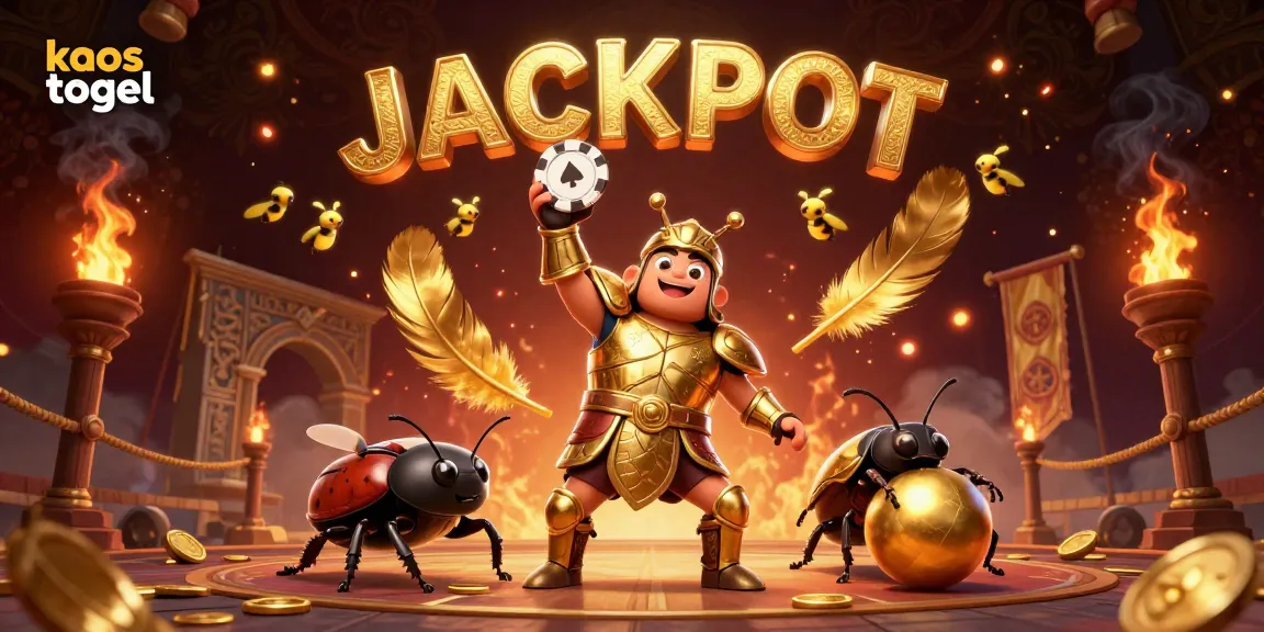 Experience the thrill of kaos togel with a vibrant jackpot scene featuring a hero beetle in victory.