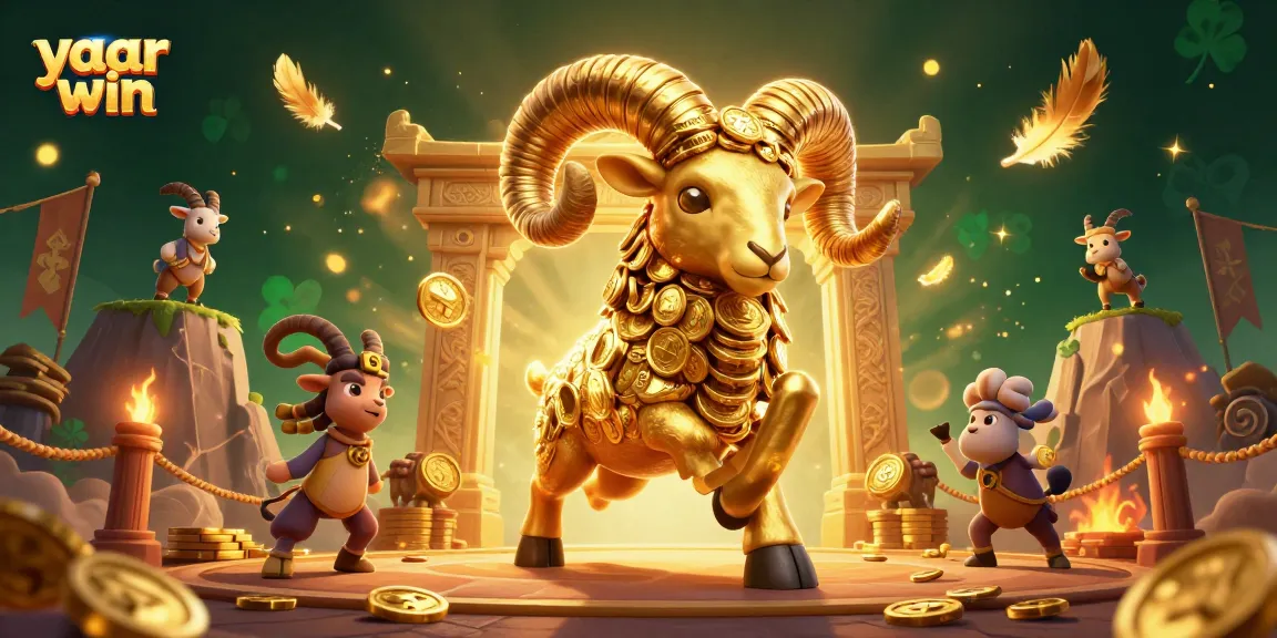Experience thrilling play at yaar win with a dynamic 3D illustration showcasing golden ram charging through a vibrant casino atmosphere.