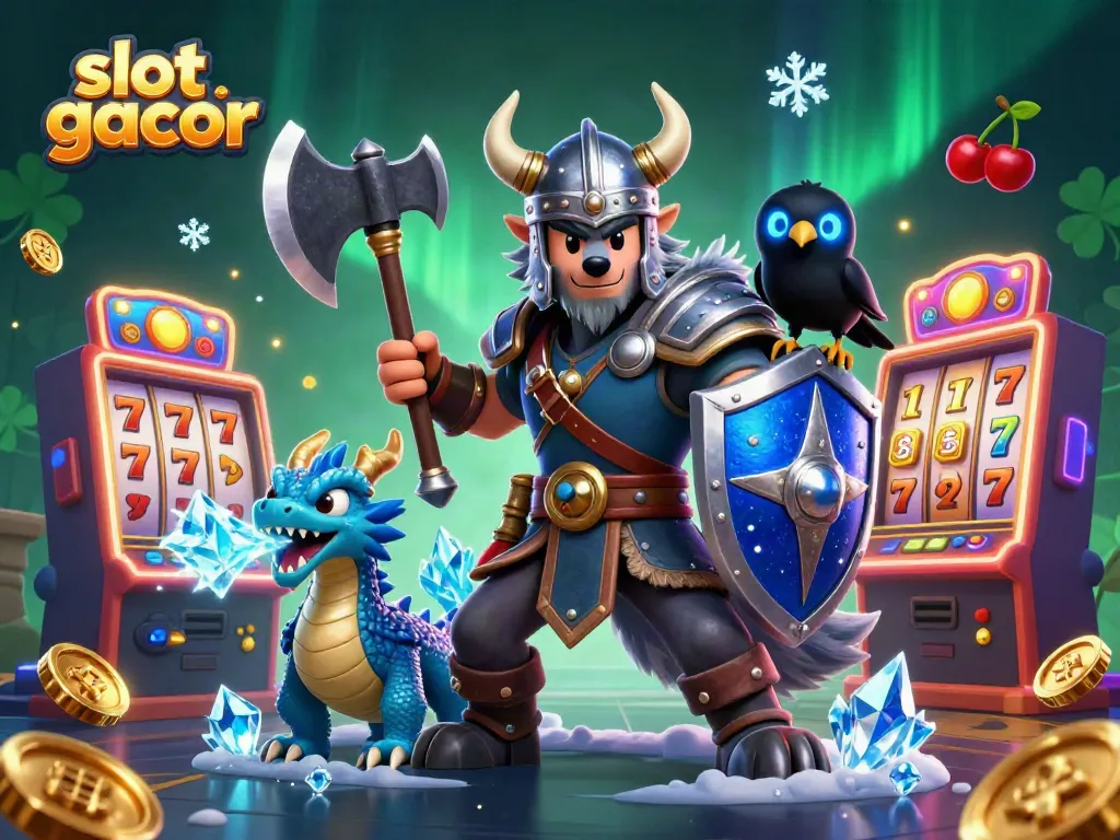 Engage in thrilling gameplay with slot gacor graphics, featuring a Viking wolf, dragon, and vibrant slot machines.