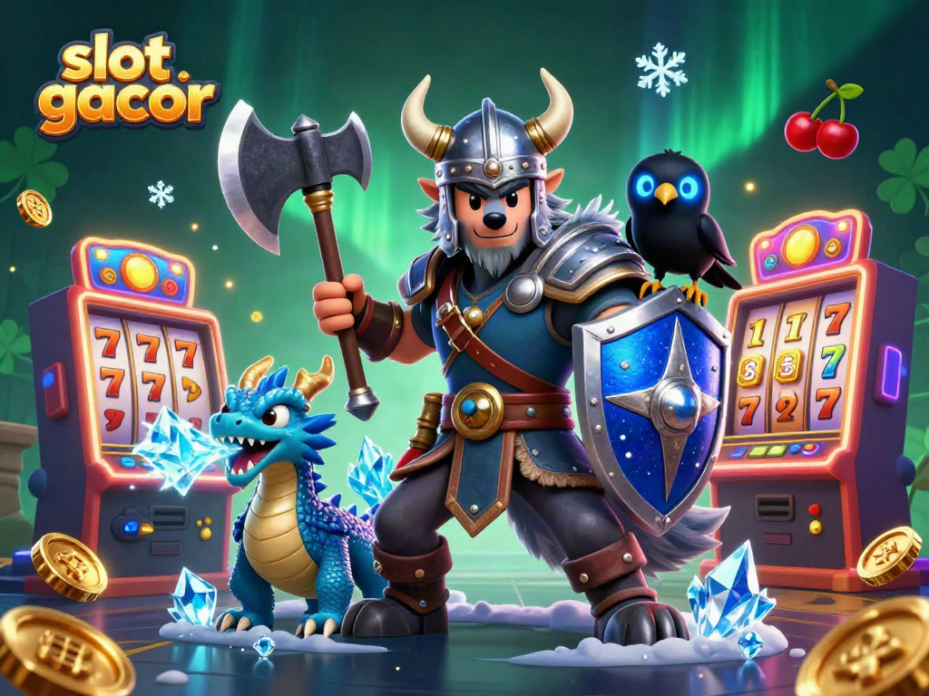 Engage in thrilling gameplay with slot gacor graphics, featuring a Viking wolf, dragon, and vibrant slot machines.