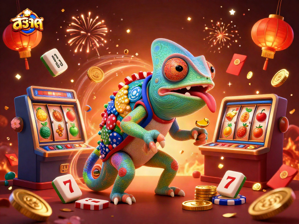 Experience thrilling slot entertainment with สล็อต as vibrant chameleon owner interacts with dynamic casino elements.