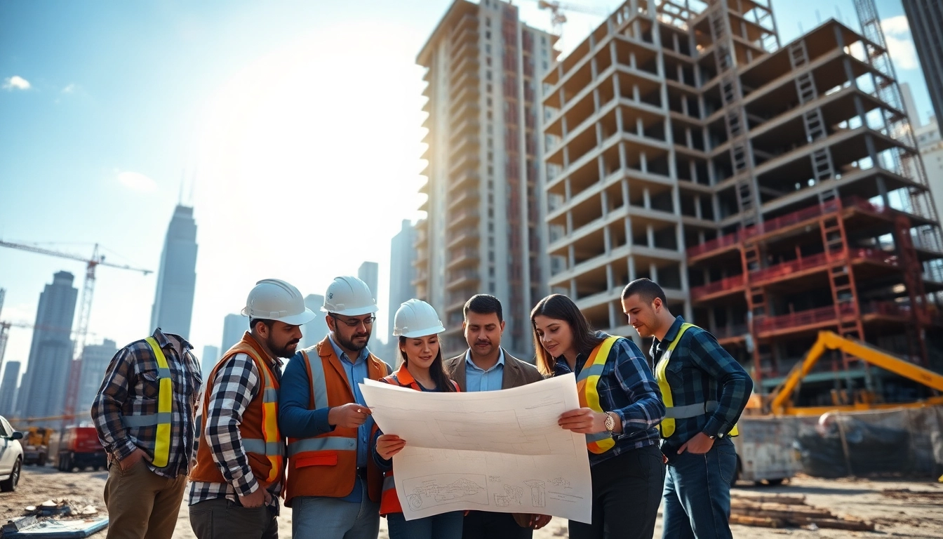Manhattan Commercial General Contractor team collaborating at a construction site with blueprints