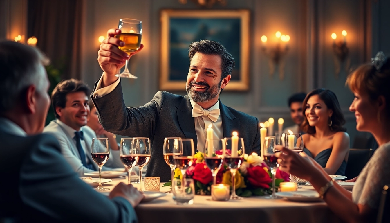 A gentleman confidently giving a toast at a celebration, radiating warmth and joy.
