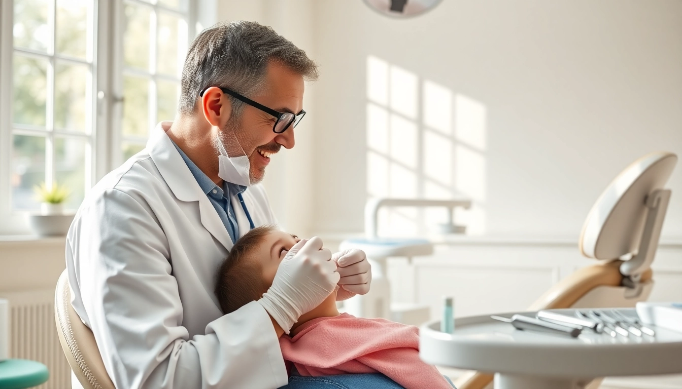 Family Dentistry: Dentist caring for a child in a welcoming dental clinic.