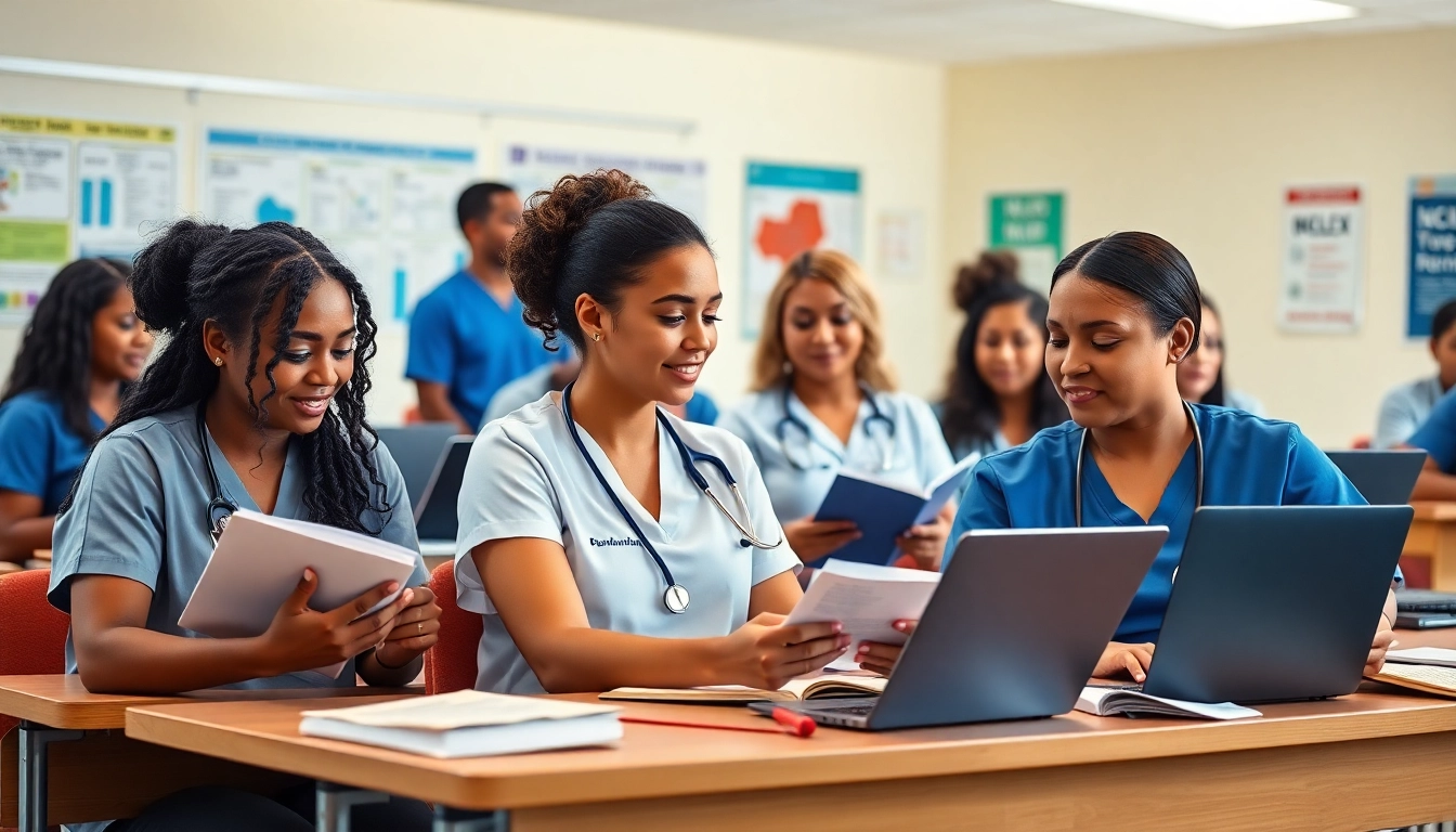 Students preparing for the NGN NCLEX review Houston with study materials in a collaborative classroom environment.